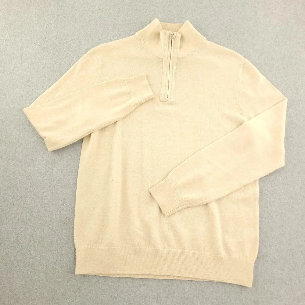 Banana Republic Sweater Mens M Beige Merino Wool 1/4 Zip Mock Neck Knit Pullover
